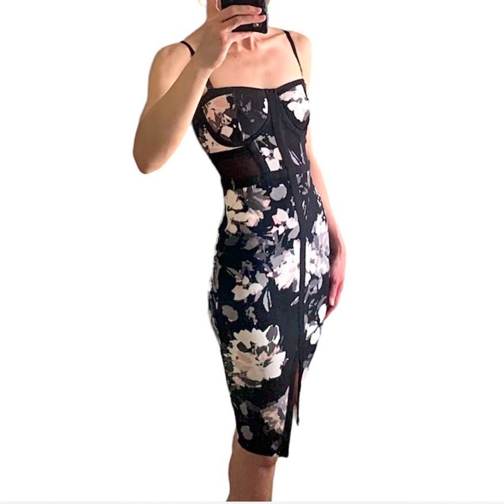 Y2K floral bodycon dress with corset like top and side mesh panels. Size S